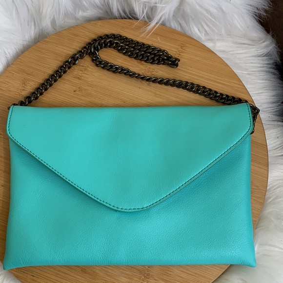 J. Crew Handbags - J Crew | Turquoise Blue Pebbled Leather Envelope Chain Shoulder Clutch Bag